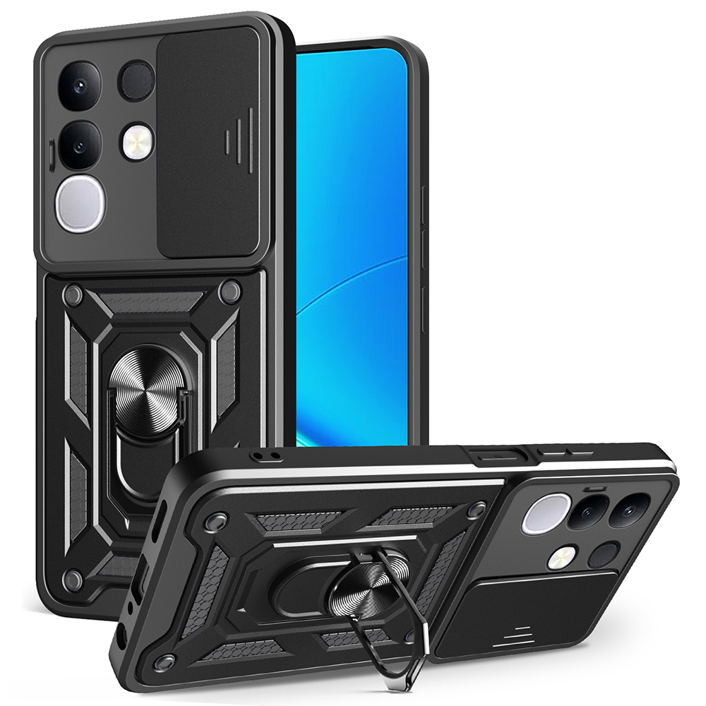 For vivo Y29 4G Case with Slide Camera Lid PC + TPU Kickstand Phone Cover - Black