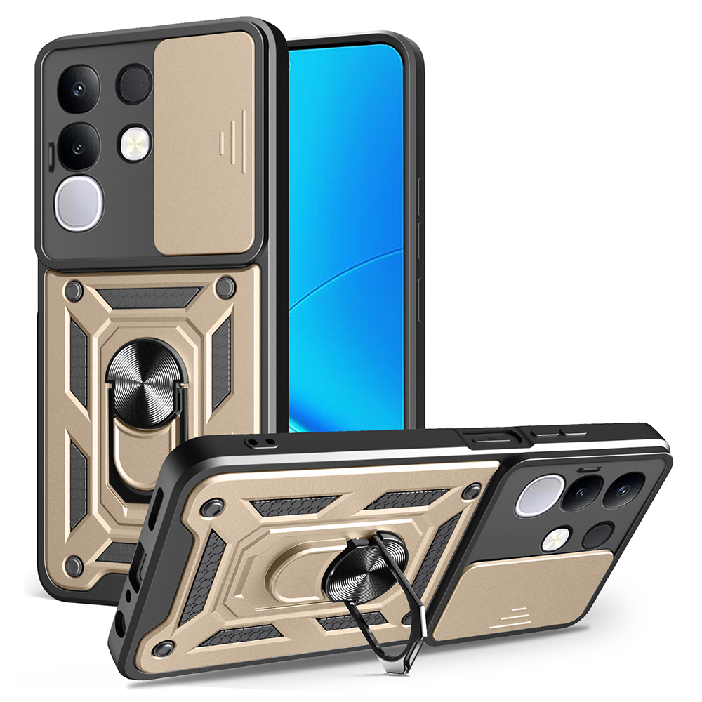 For vivo Y29 4G Case with Slide Camera Lid PC + TPU Kickstand Phone Cover - Gold