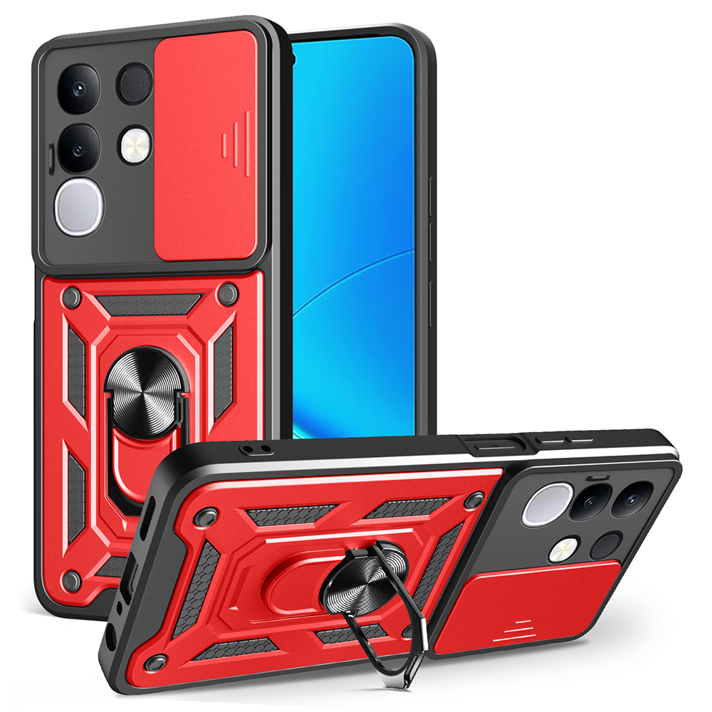 For vivo Y29 4G Case with Slide Camera Lid PC + TPU Kickstand Phone Cover - Red