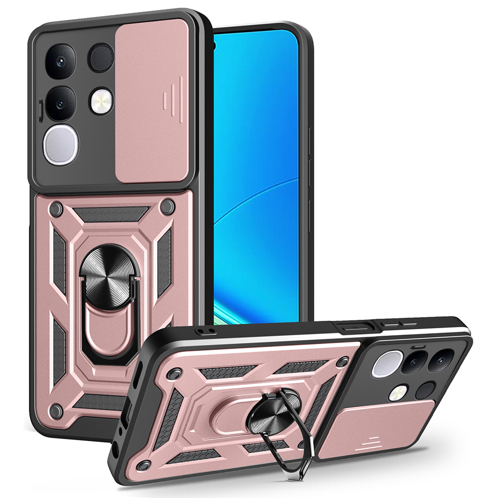 For vivo Y29 4G Case with Slide Camera Lid PC + TPU Kickstand Phone Cover - Rose Gold
