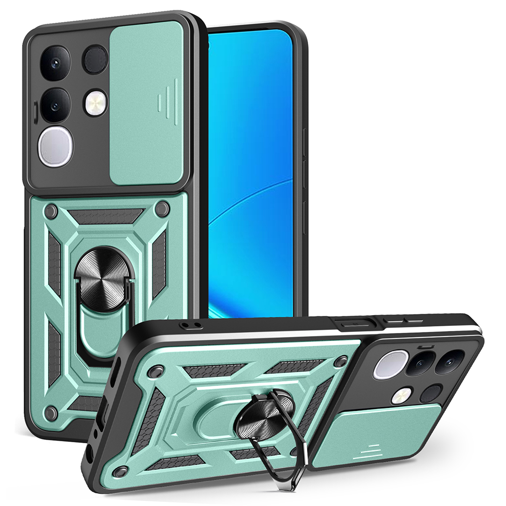 For vivo Y29 4G Case with Slide Camera Lid PC + TPU Kickstand Phone Cover - Green