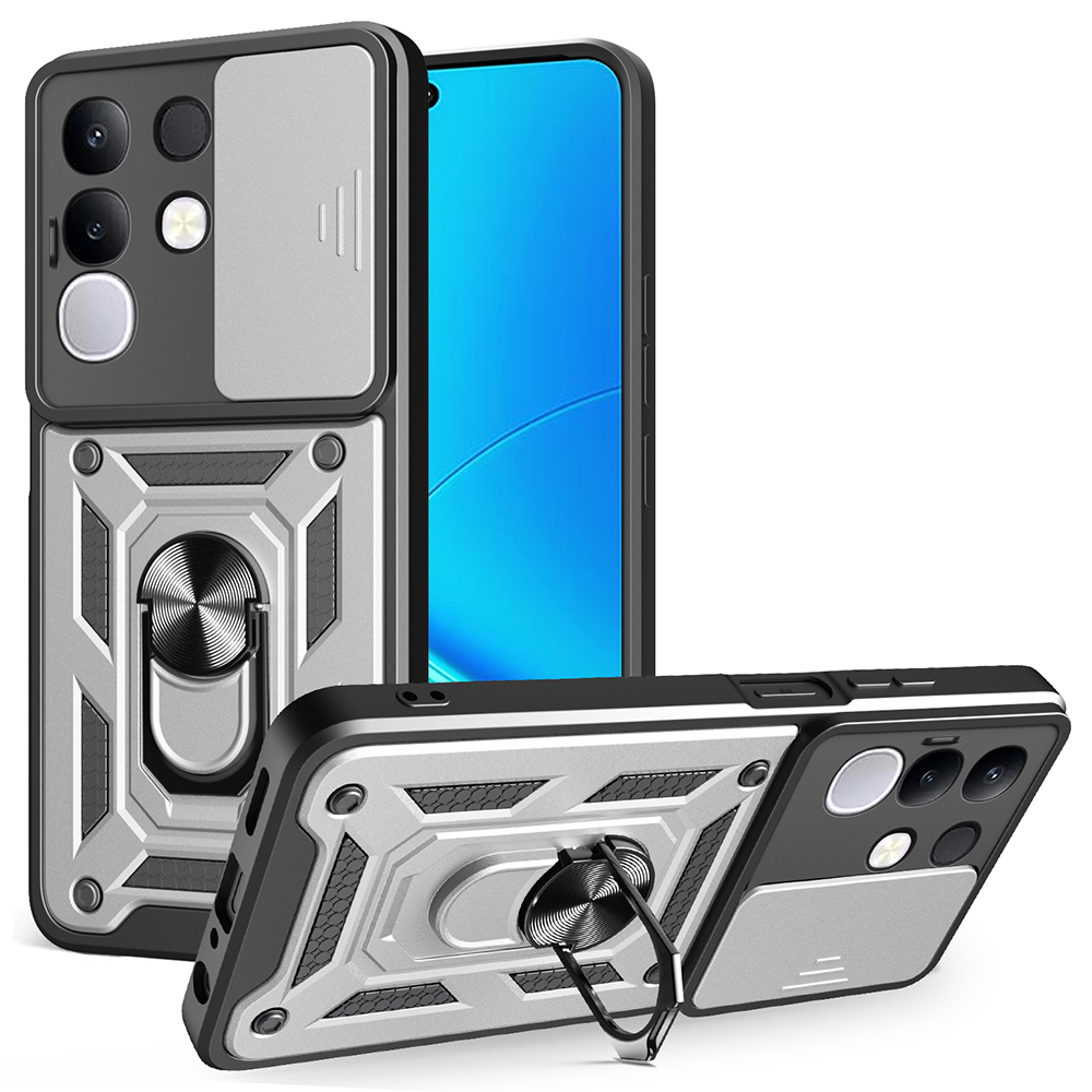 For vivo Y29 4G Case with Slide Camera Lid PC + TPU Kickstand Phone Cover - Silver