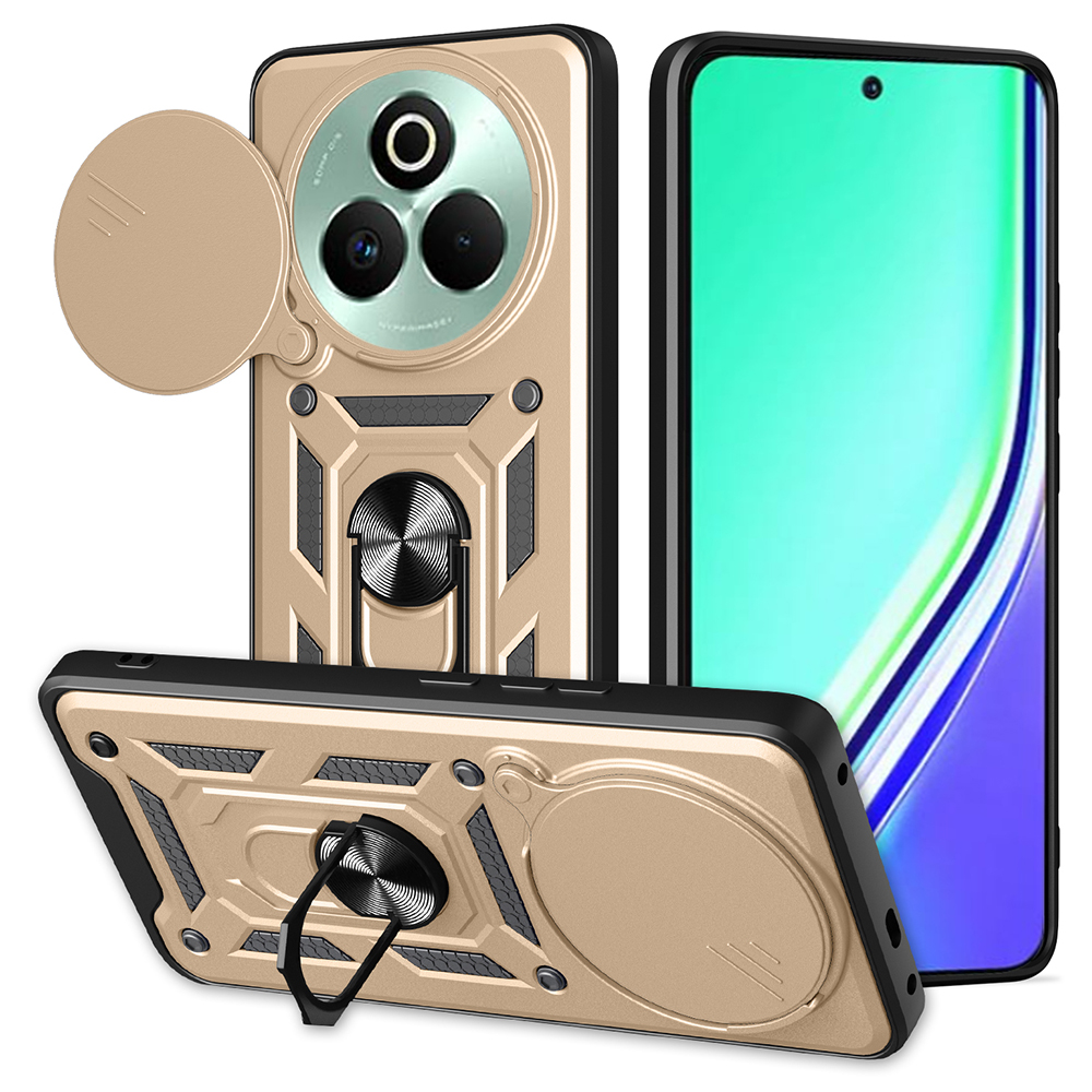 For Realme P3 Pro 5G Case with Slide Camera Lid PC + TPU Kickstand Phone Cover - Gold