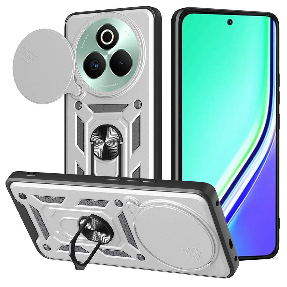 For Realme P3 Pro 5G Case with Slide Camera Lid PC + TPU Kickstand Phone Cover - Silver