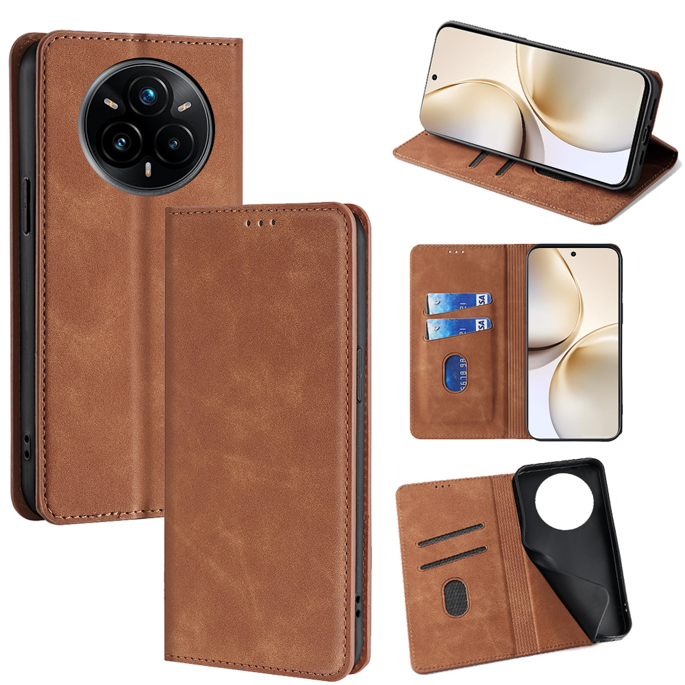 For Realme 14 Pro 5G Card Holder Case PU Leather Magnetic Closing Phone Cover - Light Brown