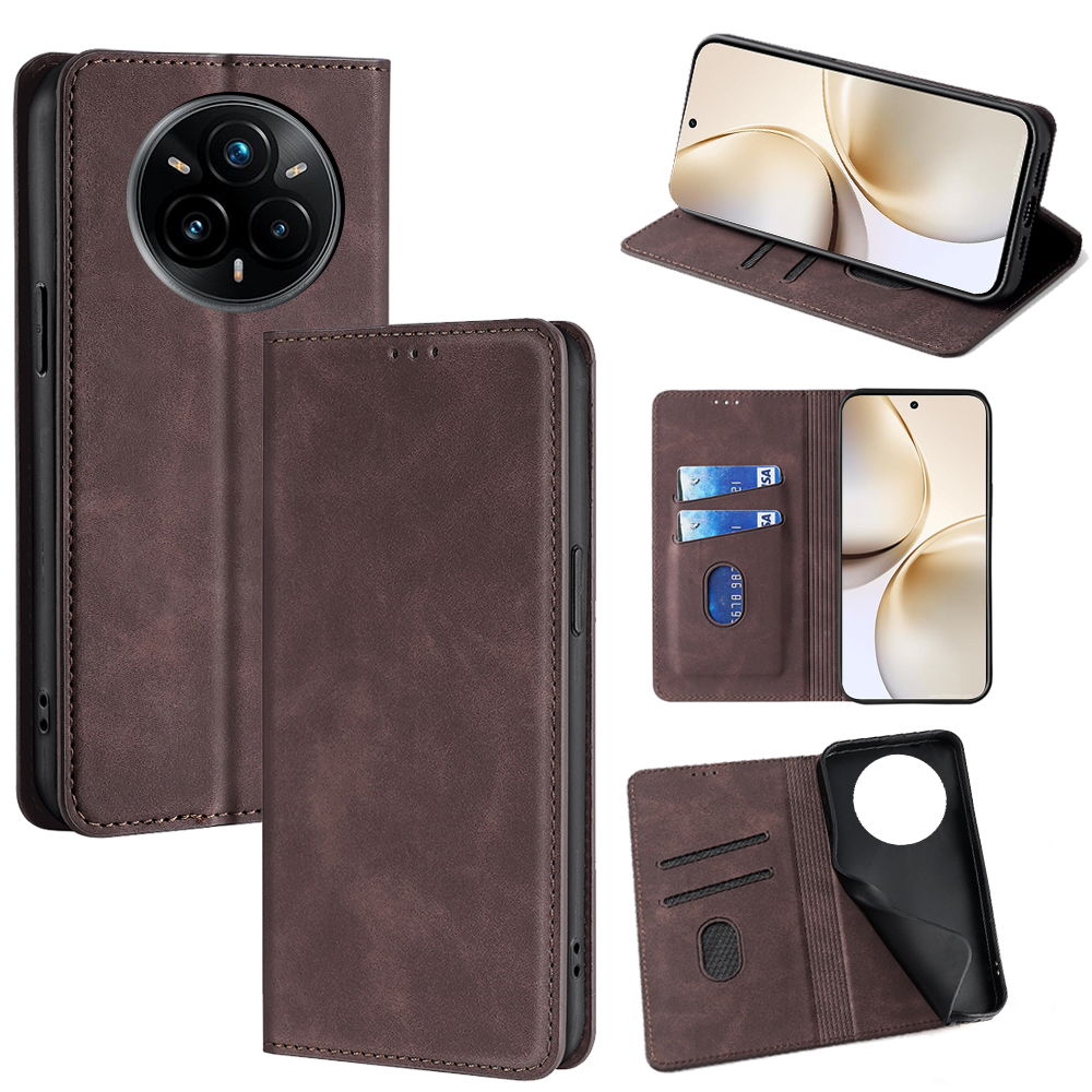 For Realme 14 Pro+ 5G Card Holder Case PU Leather Magnetic Closing Phone Cover - Dark Brown