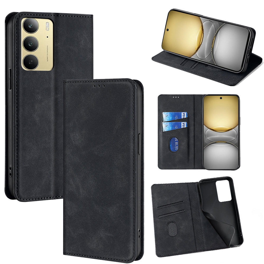 For Realme C75 4G / 14x 5G Card Holder Case PU Leather Magnetic Closing Phone Cover - Black