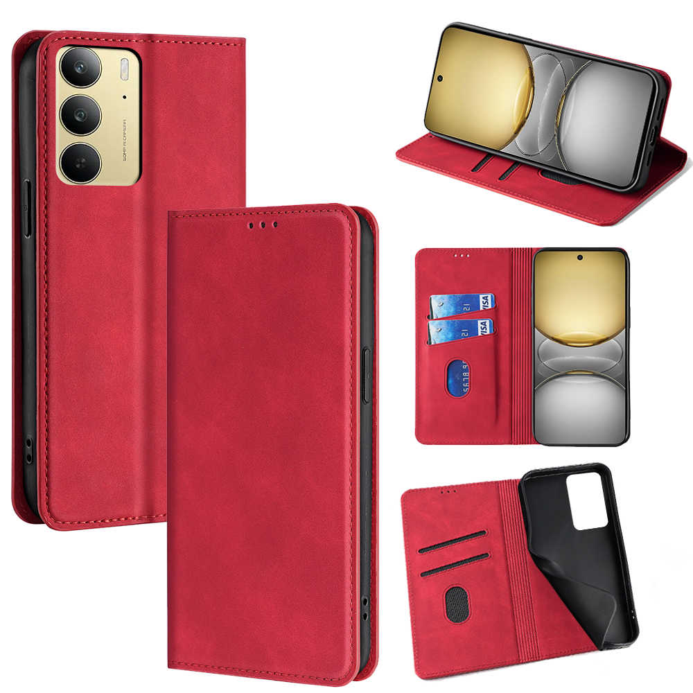 For Realme C75 4G / 14x 5G Card Holder Case PU Leather Magnetic Closing Phone Cover - Red