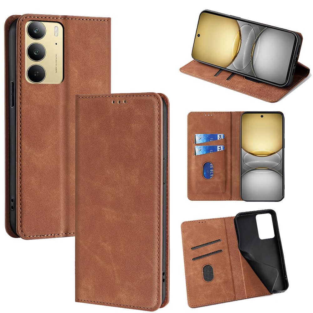 For Realme C75 4G / 14x 5G Card Holder Case PU Leather Magnetic Closing Phone Cover - Light Brown