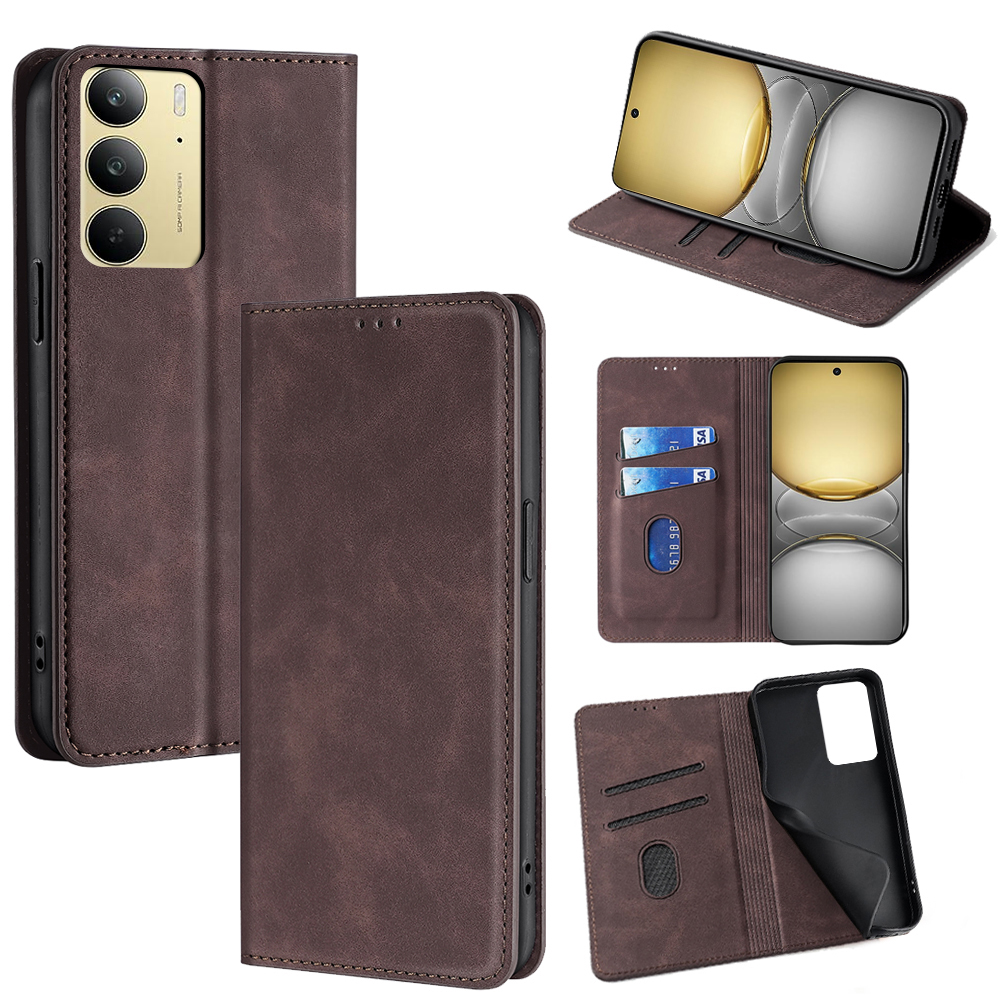 For Realme C75 4G / 14x 5G Card Holder Case PU Leather Magnetic Closing Phone Cover - Dark Brown