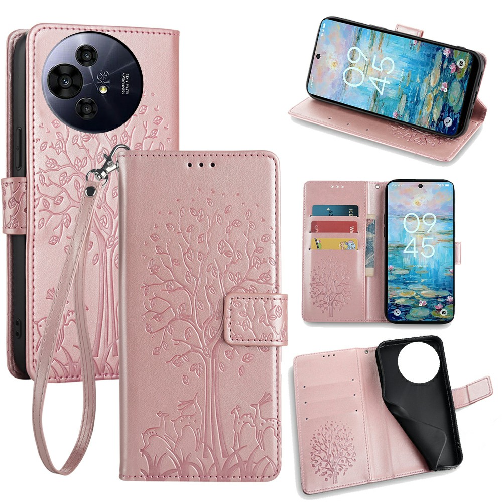 For TCL 50 Pro NxtPaper 5G / 50 NxtPaper 5G Case PU Leather Wallet Phone Cover Tree Deer Imprinted - Rose Gold