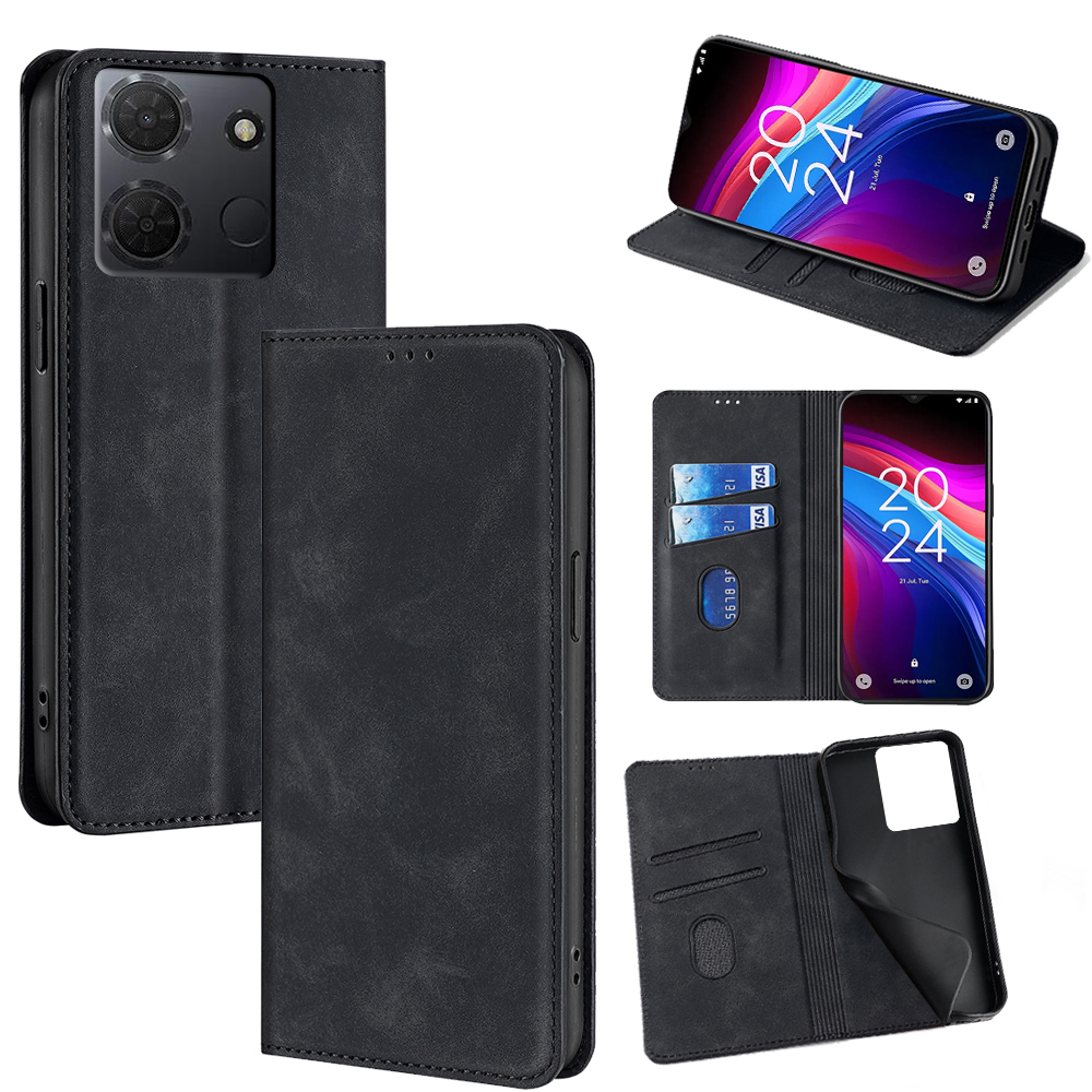 For TCL 503 Card Holder Case PU Leather Magnetic Closing Phone Cover - Black