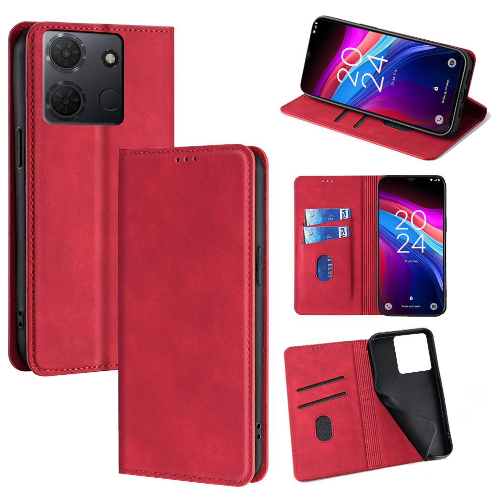 For TCL 503 Card Holder Case PU Leather Magnetic Closing Phone Cover - Red