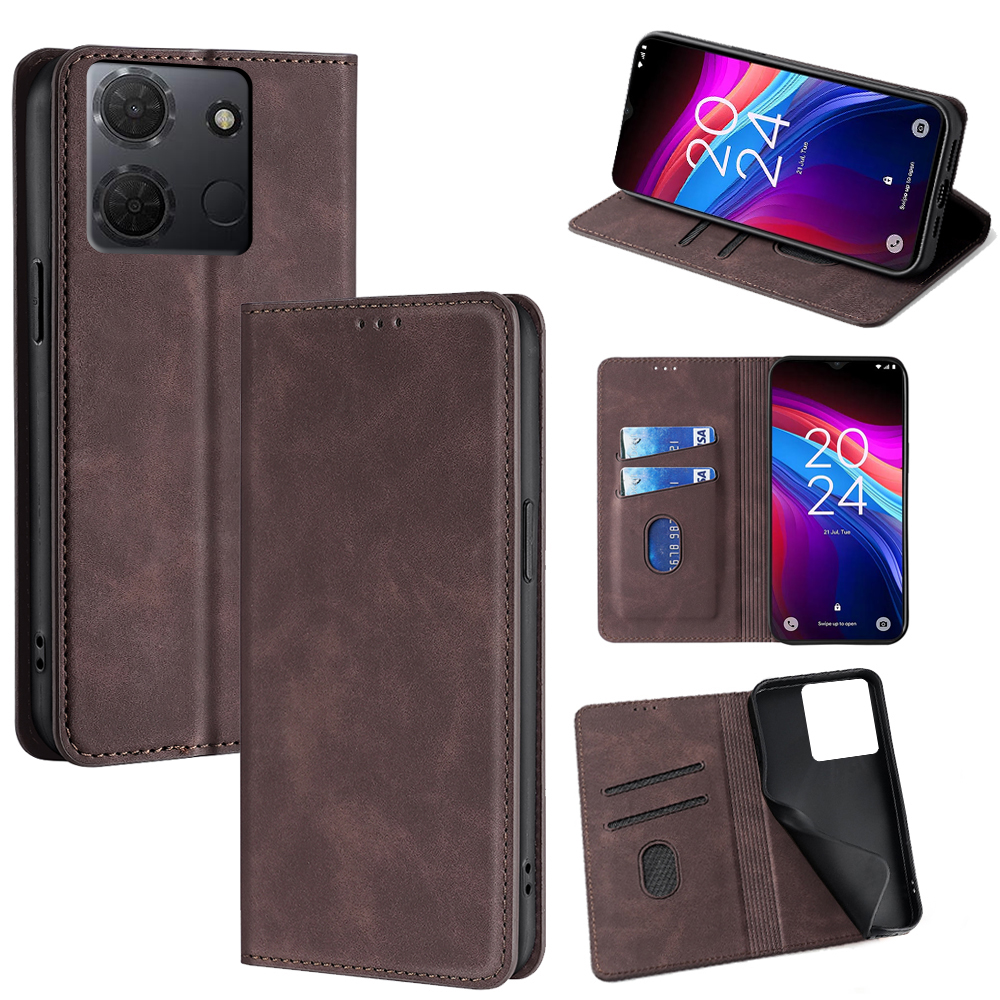 For TCL 503 Card Holder Case PU Leather Magnetic Closing Phone Cover - Dark Brown
