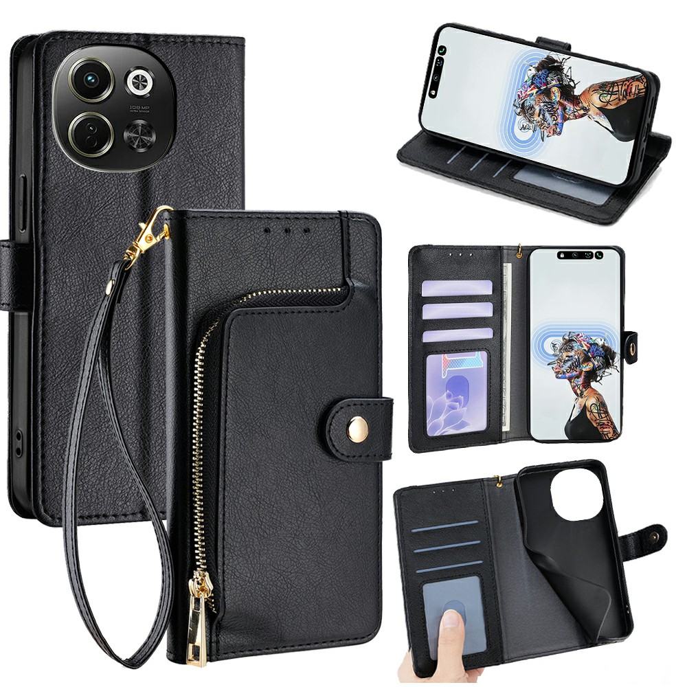 For TECNO Pova 6 Neo 5G / Spark 30 5G Case Zipper Pocket PU Leather Wallet Flip Phone Cover - Black