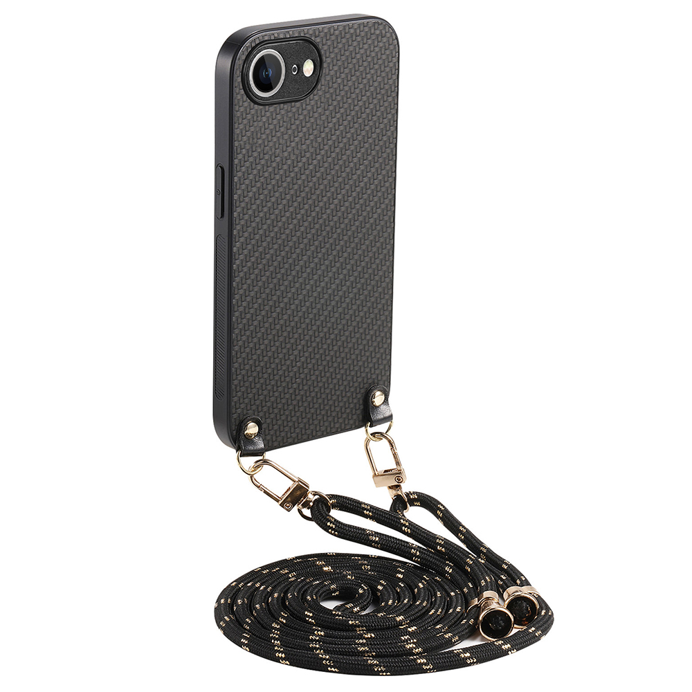 For iPhone 17e / 16e Case Carbon Fiber Texture PU + PC + TPU Anti Drop Phone Cover with Crossbody Lanyard - Black