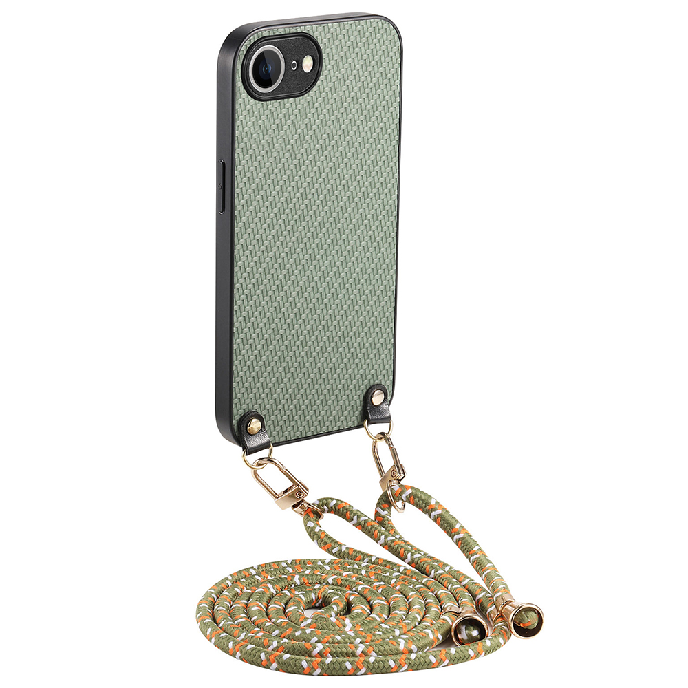 For iPhone 17e / 16e Case Carbon Fiber Texture PU + PC + TPU Anti Drop Phone Cover with Crossbody Lanyard - Green