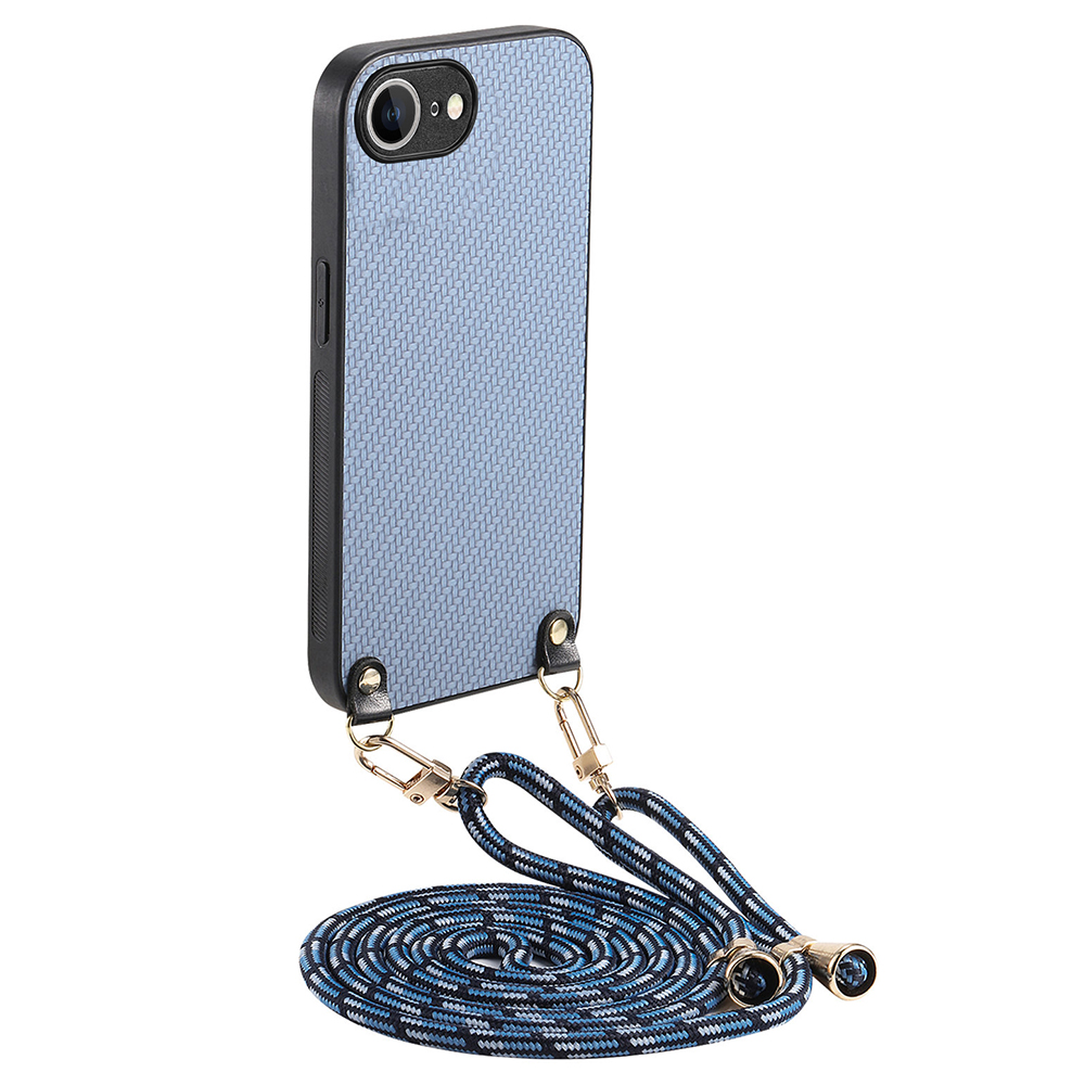 For iPhone 17e / 16e Case Carbon Fiber Texture PU + PC + TPU Anti Drop Phone Cover with Crossbody Lanyard - Blue