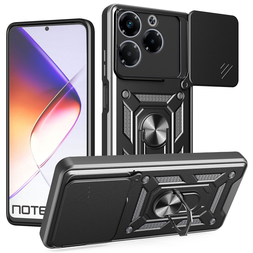 For Infinix Note 40X 5G Case with Slide Camera Lid PC + TPU Kickstand Phone Cover - Black