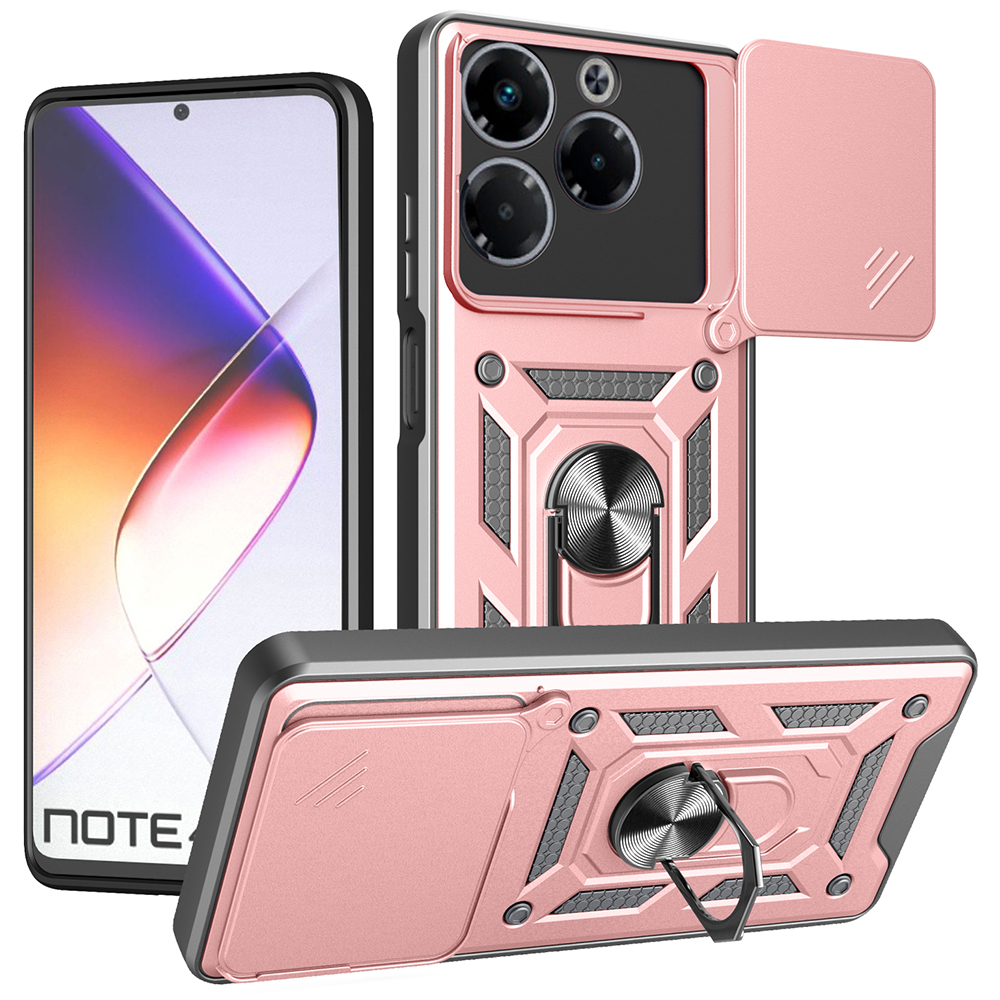 For Infinix Note 40X 5G Case with Slide Camera Lid PC + TPU Kickstand Phone Cover - Rose Gold