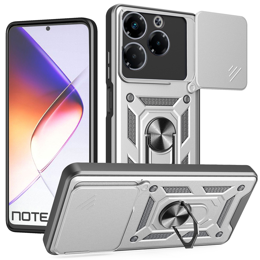 For Infinix Note 40X 5G Case with Slide Camera Lid PC + TPU Kickstand Phone Cover - Silver
