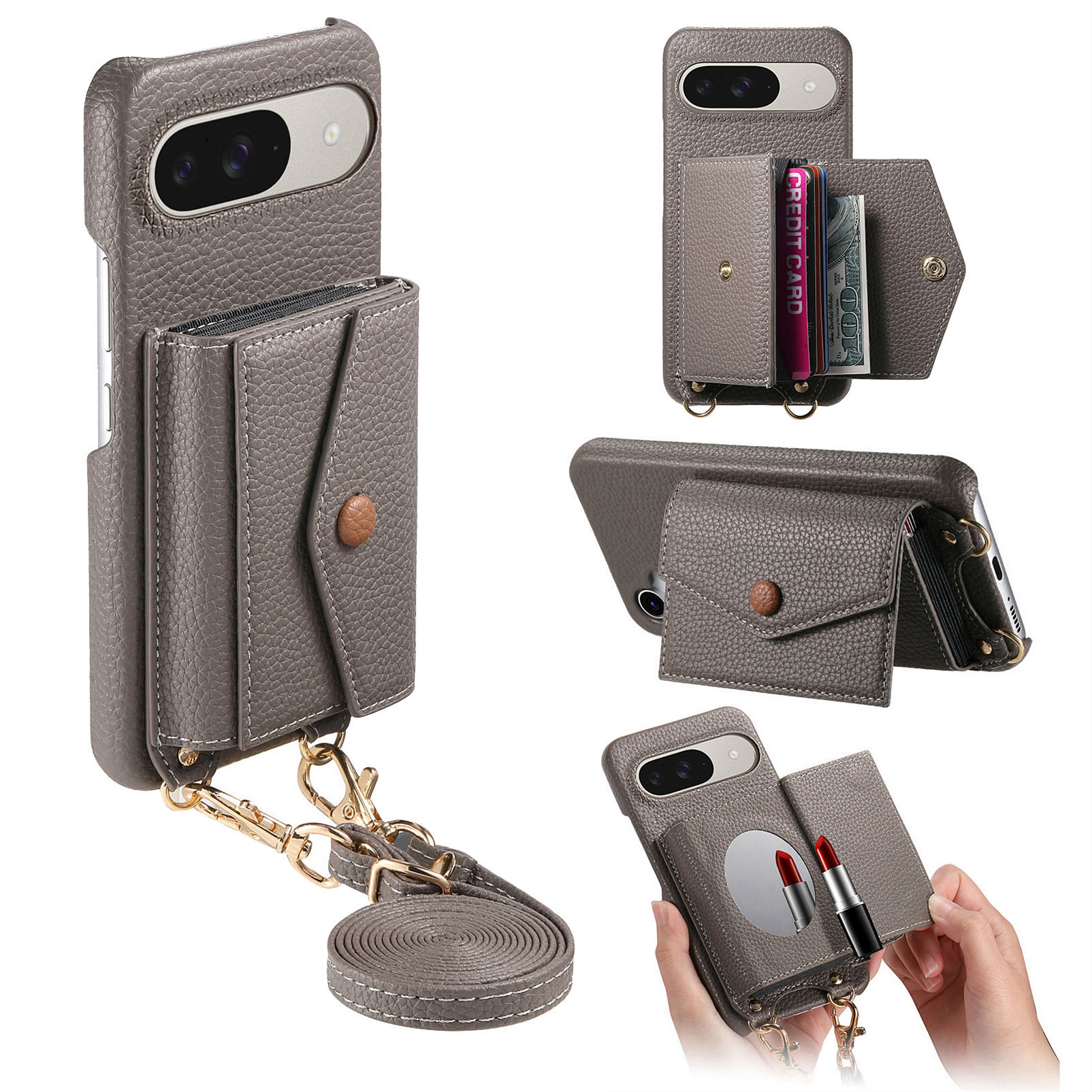 For Google Pixel 10 Pro / 10 / 9 Pro / 9 Case Card Holder Kickstand PU Leather + PC Phone Cover with Mirror and Crossbody Lanyard - Grey