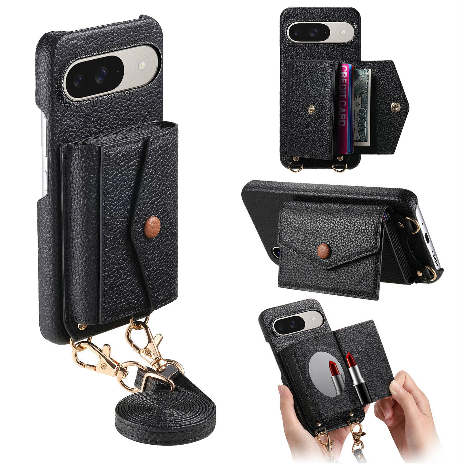 For Google Pixel 10 Pro / 10 / 9 Pro / 9 Case Card Holder Kickstand PU Leather + PC Phone Cover with Mirror and Crossbody Lanyard - Black