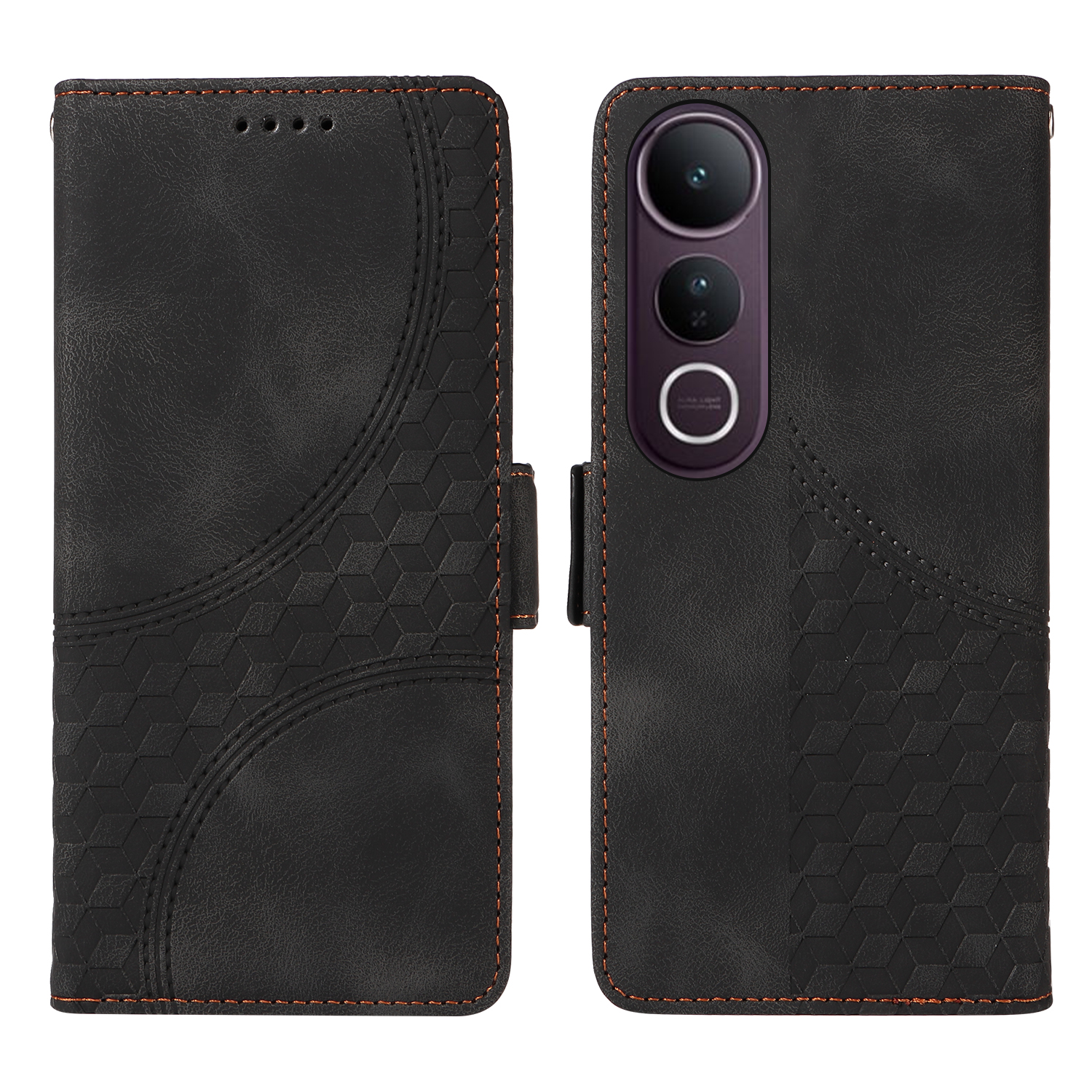 For vivo V50 Lite 5G / vivo V50 Lite 4G Leather Cases Wallet Rhombus Imprinted Phone Cover Stand with Strap - Black