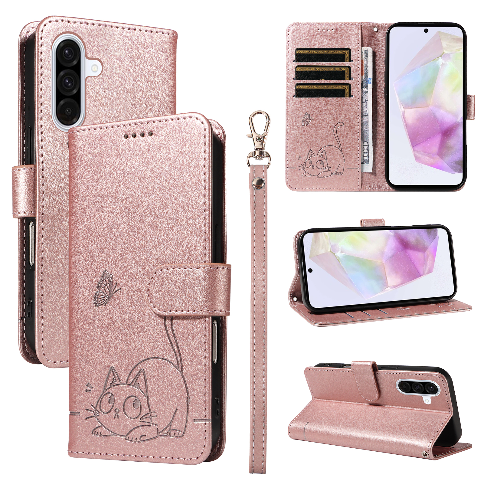 For Samsung Galaxy A36 5G Case Cat Pattern Imprint Leather Phone Cover with Wrist Strap - Rose Gold