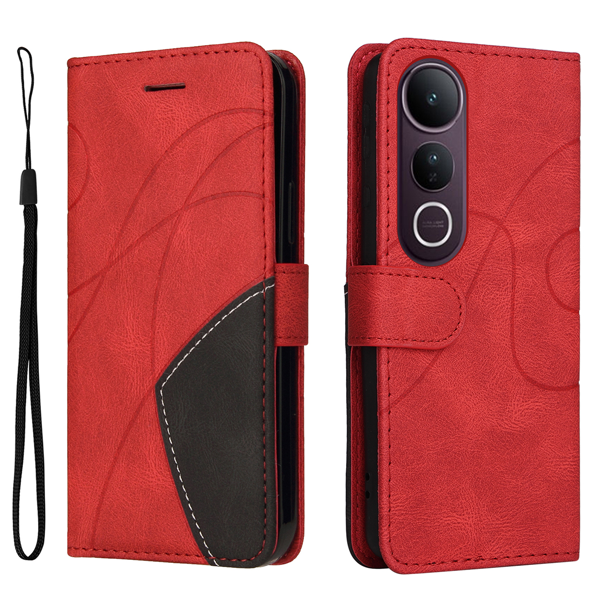 For vivo V50 Lite 5G Leather Phone Case Stand Wallet with Bi-colour Splicing Design - Red