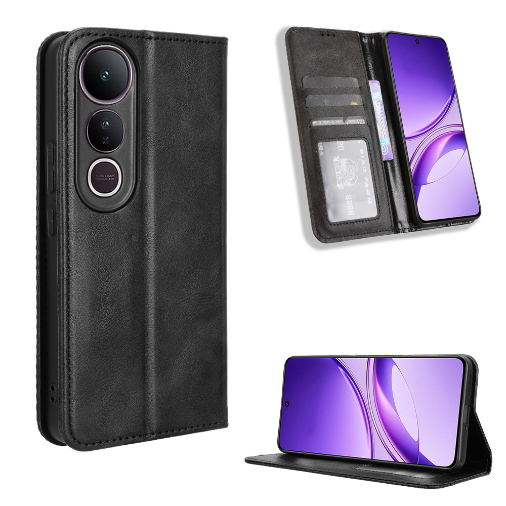 For vivo V50 Lite 4G / vivo V50 Lite 5G Retro PU Leather Case Phone Wallet Stand Cover - Black