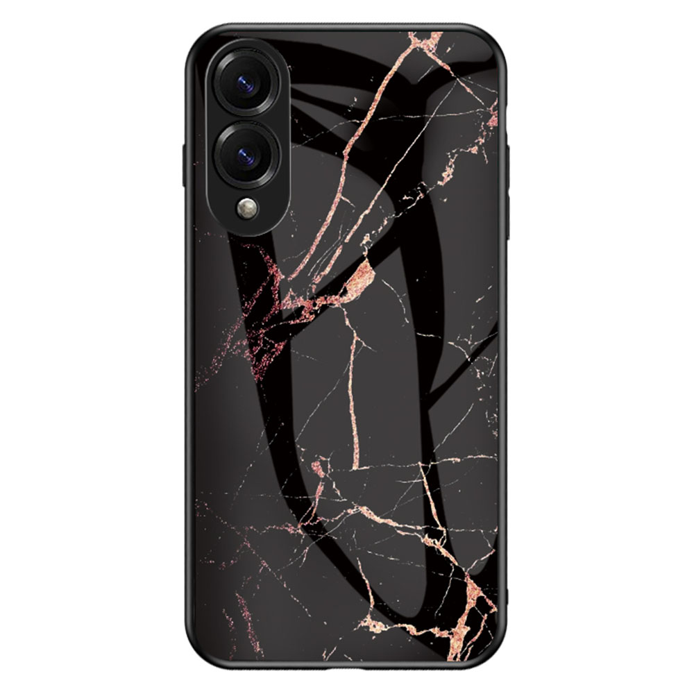 For Samsung Galaxy S25 Edge Case Marble Pattern Tempered Glass + PC + TPU Protective Phone Cover - Gold Black Marble