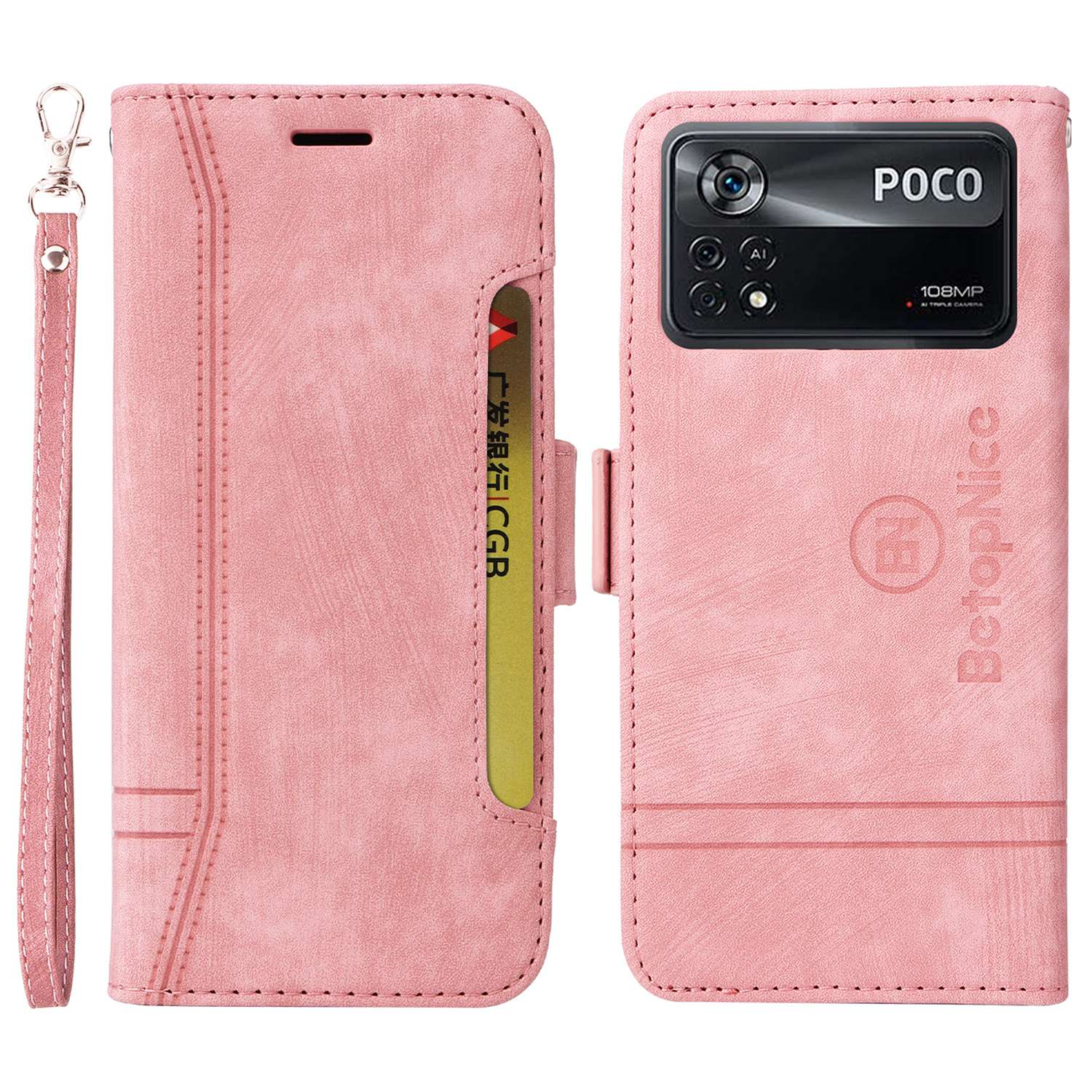 

Betopnice 001 Für Xiaomi Poco X4 Pro 5G PU Leder Drop-proof-hülle Eingeprägter Sticklinie Phone Stand Wallet Wallet Mit Handgelenkriemen - Rosa, Xiaomi Poco X4 Pro 5G