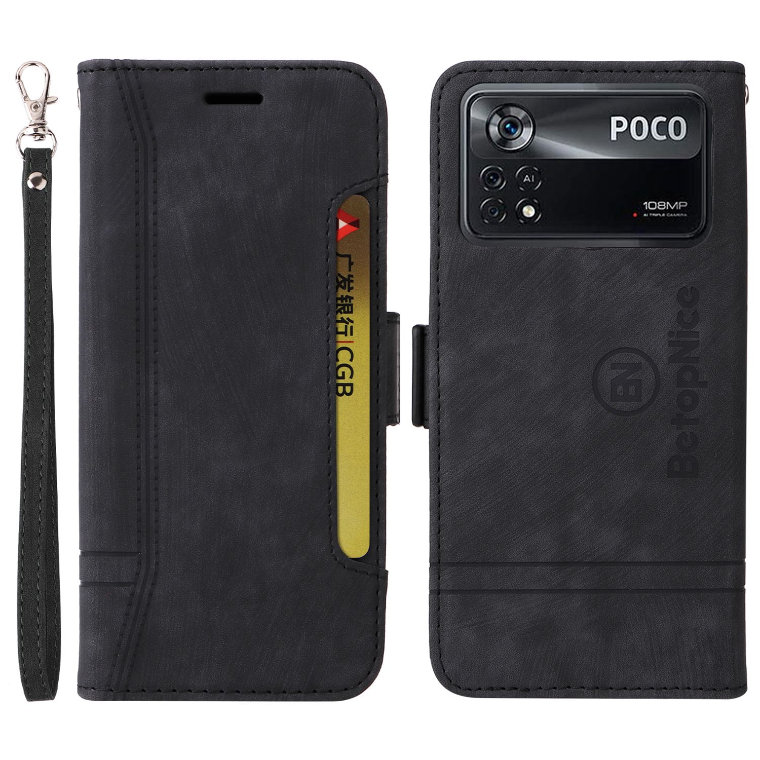 

Betopnice 001 Für Xiaomi Poco X4 Pro 5G PU Leder Drop-proof-hülle Eingeprägter Sticklinie Phone Stand Wallet Wallet Mit Handgelenkriemen - Schwarz, Xiaomi Poco X4 Pro 5G