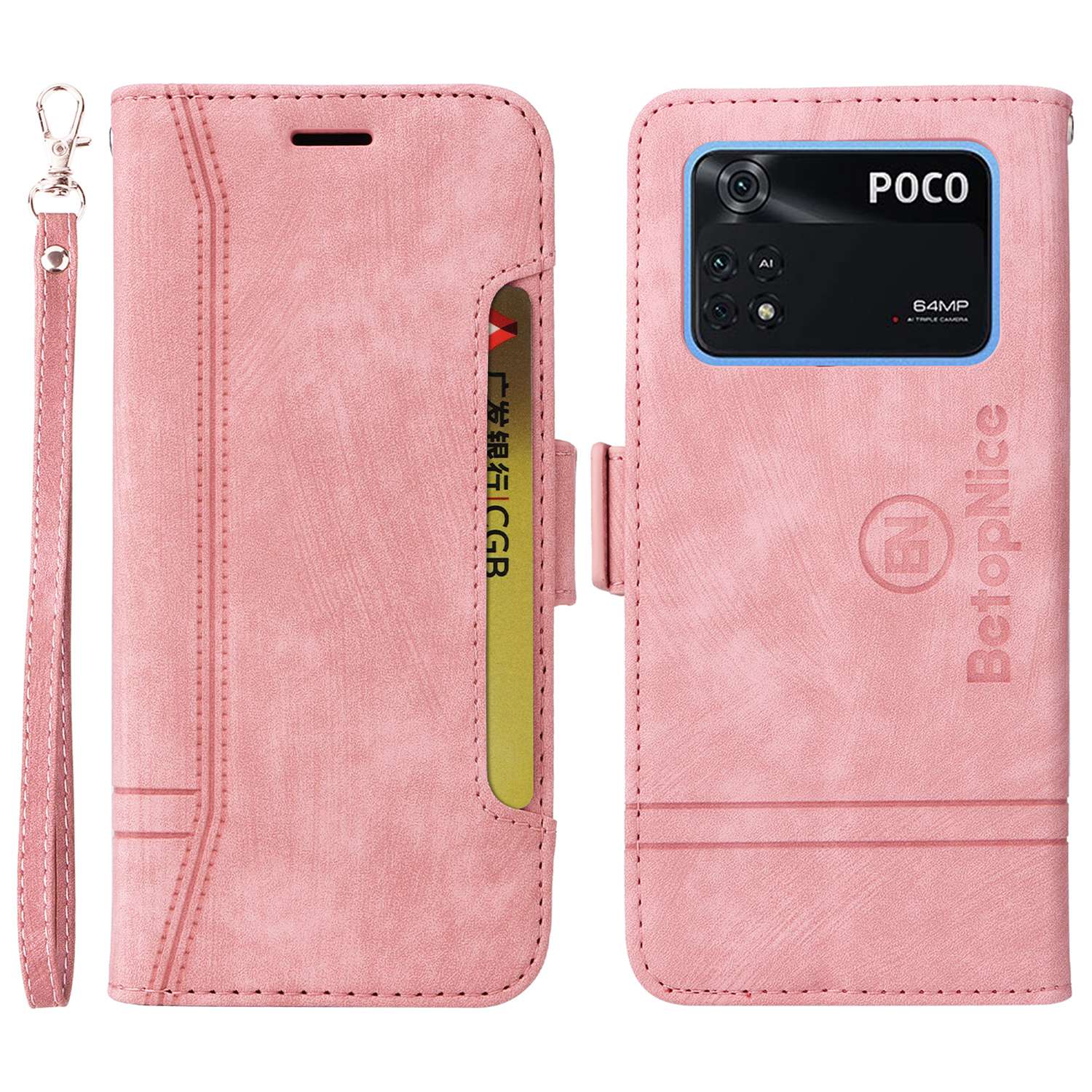 

Betopnice 001 Für Xiaomi Poco M4 Pro 4G Eingeprägte Sticklinie PU Leder Drop-smart-hülle Smartphone Stand Wallet Wallet Cover Mit Riemen - Rosa, Xiaomi Poco M4 Pro 4G