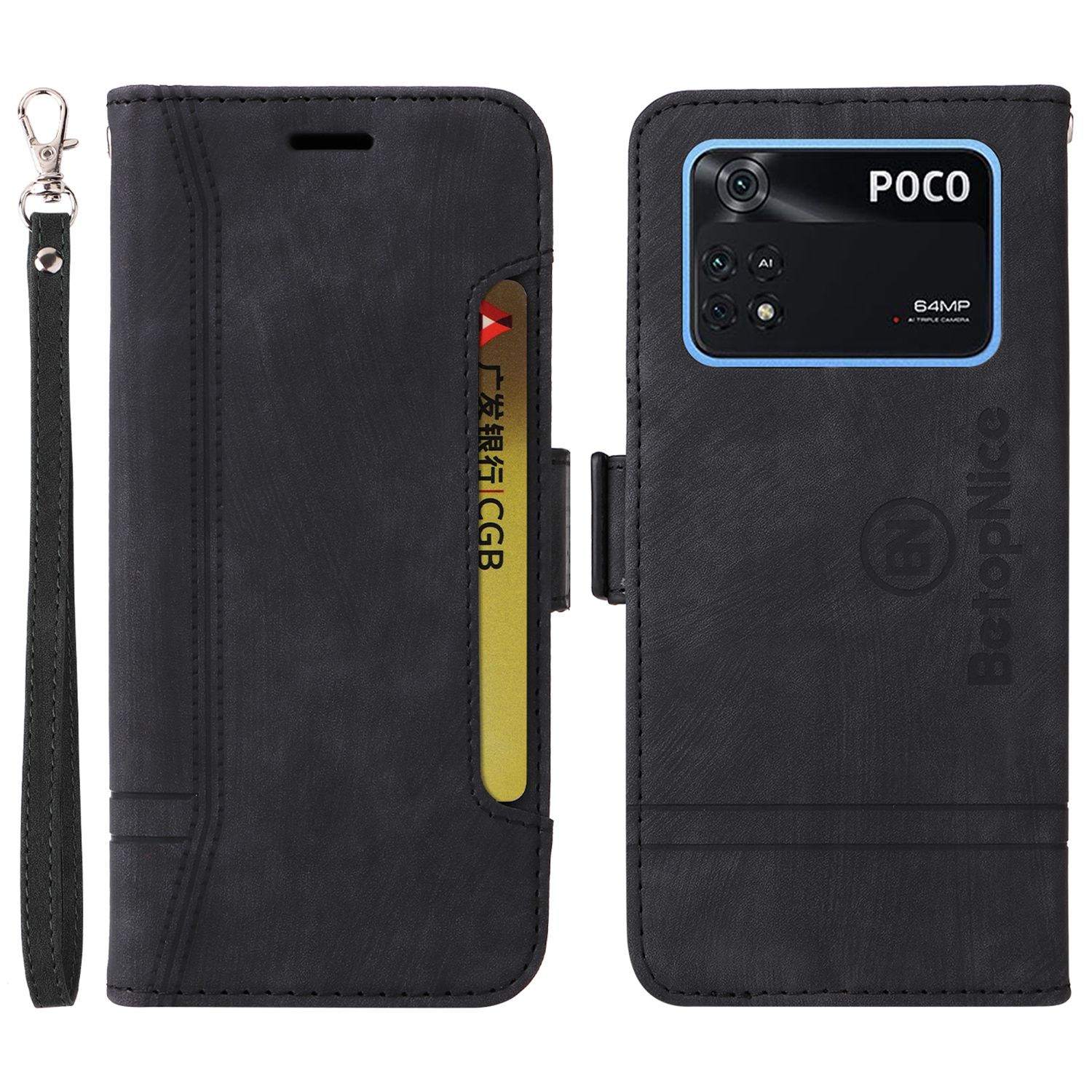 

Betopnice 001 Für Xiaomi Poco M4 Pro 4G Eingeprägte Sticklinie PU Leder Drop-smart-hülle Smartphone Stand Wallet Wallet Cover Mit Riemen - Schwarz, Xiaomi Poco M4 Pro 4G