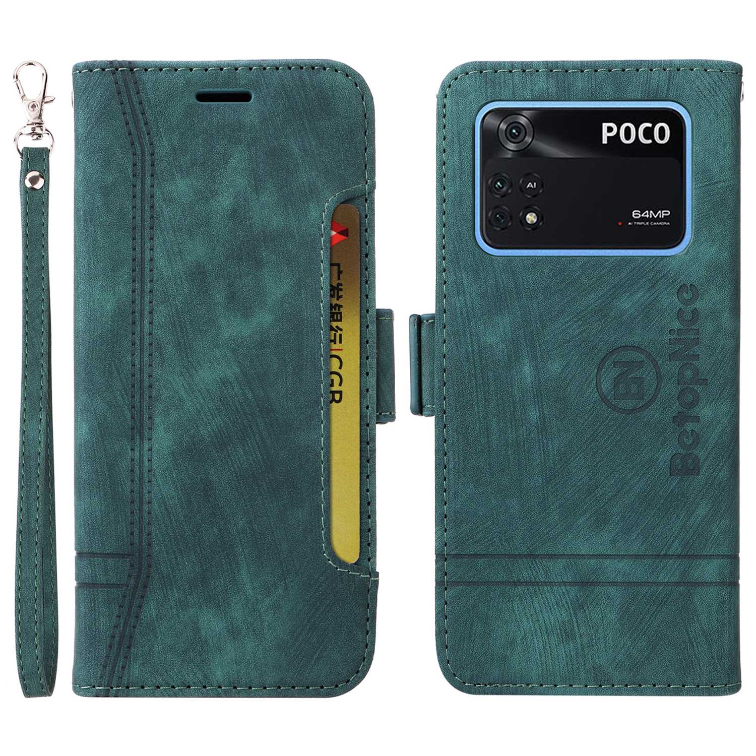 

Betopnice 001 Für Xiaomi Poco M4 Pro 4G Eingeprägte Sticklinie PU Leder Drop-smart-hülle Smartphone Stand Wallet Wallet Cover Mit Riemen - Grün, Xiaomi Poco M4 Pro 4G