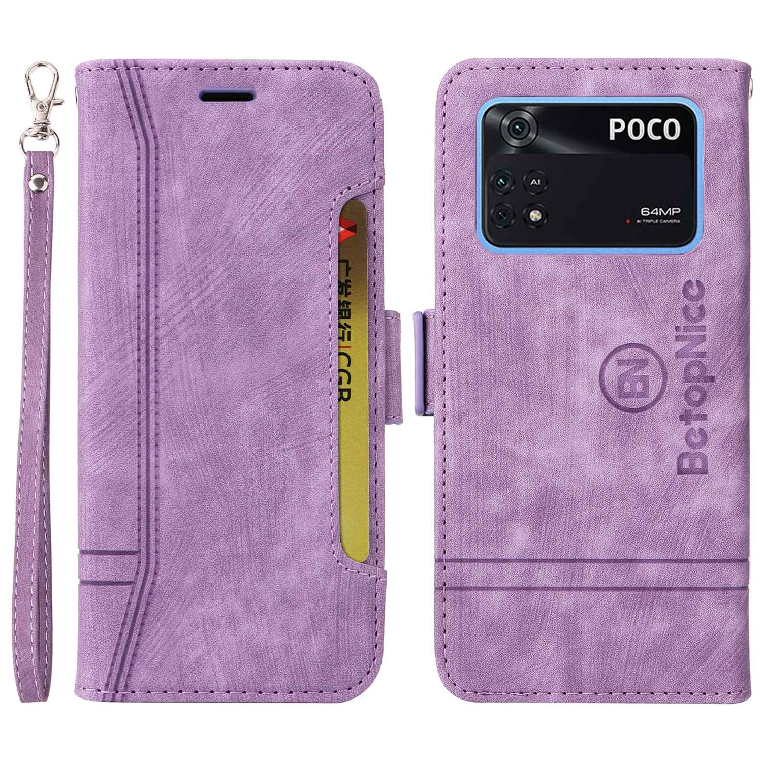 

Betopnice 001 Für Xiaomi Poco M4 Pro 4G Eingeprägte Sticklinie PU Leder Drop-smart-hülle Smartphone Stand Wallet Wallet Cover Mit Riemen - Violett, Xiaomi Poco M4 Pro 4G