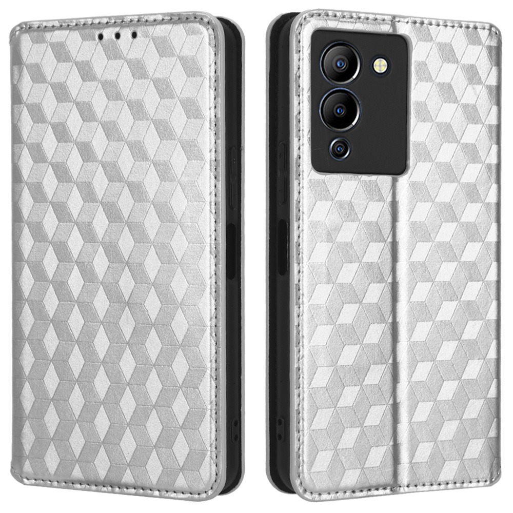 

Für Infinix Hinweis 12 G96 4G X670 Stand Wallet Wallet Leder Phone Hülle Rhombusmuster Eingeprägter Magnetischer Absorption Folio Flip Cover - Silber-, Infinix Note 12 G96 4G