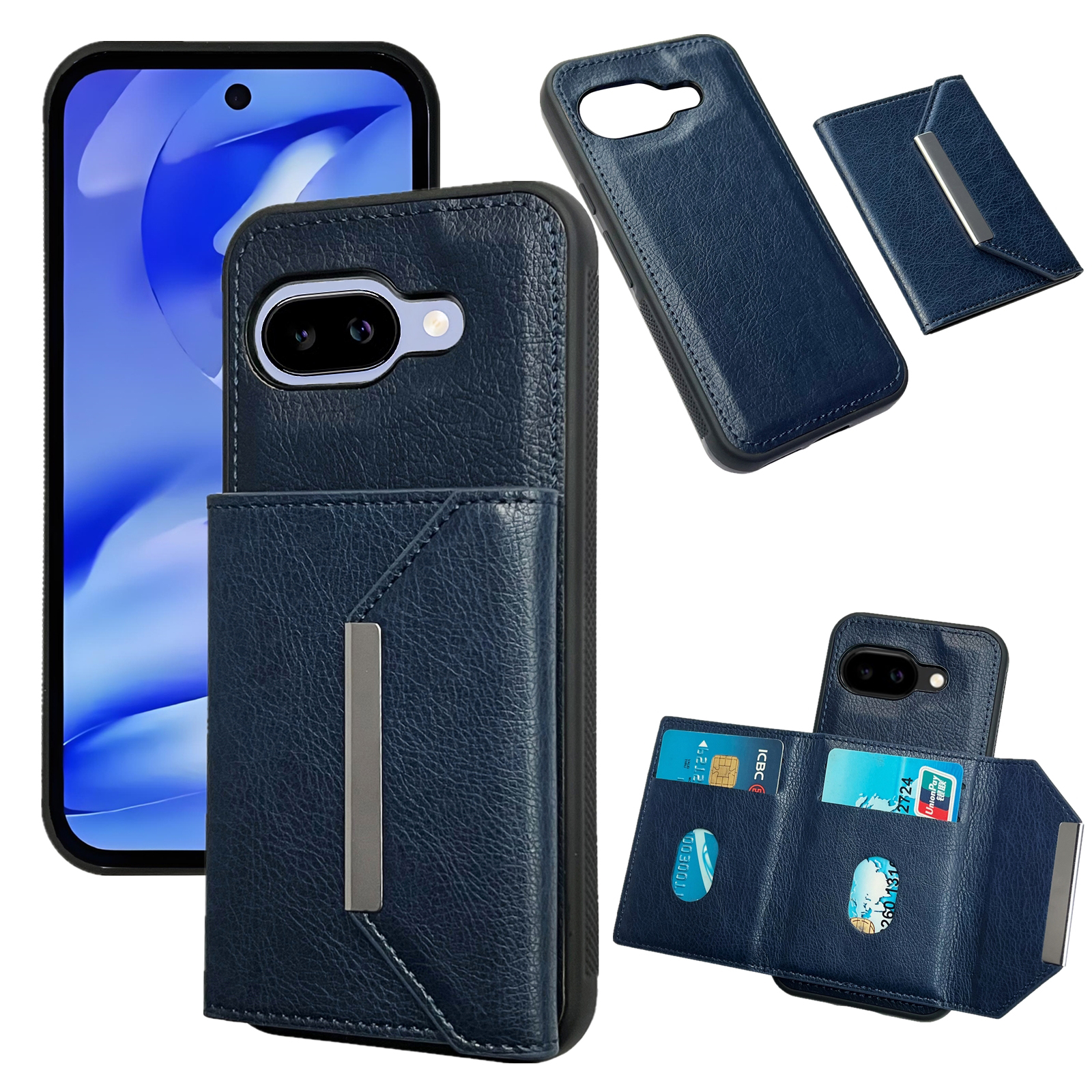 For Google Pixel 9a Case Card Bag Kickstand TPU + PU Phone Cover - Blue