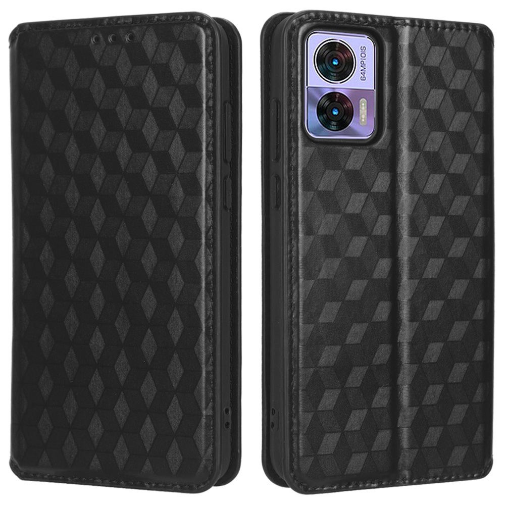 

Für Motorola Edge 30 Neo 5G Geprinktes Rhombusmuster PU Leder Telefon Hülle Magnetische Autoschließabdeckung Mit Brieftaschenständer - Schwarz, Motorola Edge 30 Neo 5G
