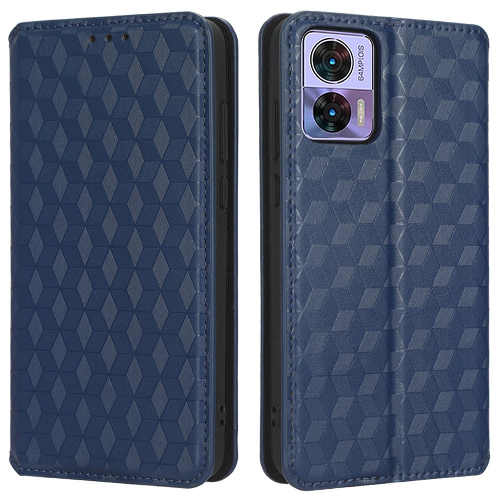 

Für Motorola Edge 30 Neo 5G Geprinktes Rhombusmuster PU Leder Telefon Hülle Magnetische Autoschließabdeckung Mit Brieftaschenständer - Blau, Motorola Edge 30 Neo 5G