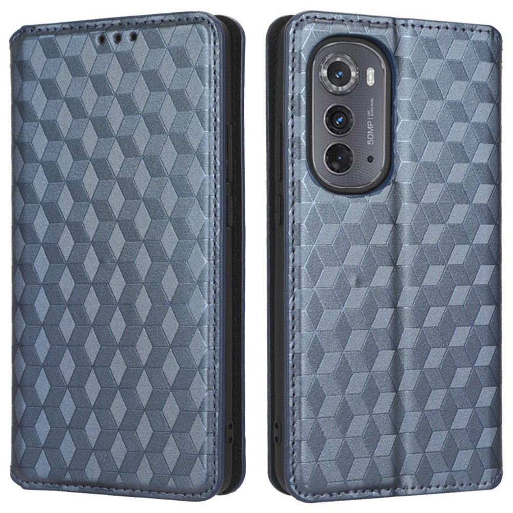 

Für Motorola Edge (2022) 5G Rhombusmuster Geprägter PU Lederstand Hülle Magnetische Automatisch Absorbierte Telefonbrieftasche - Blau, Motorola Edge (2022) 5G
