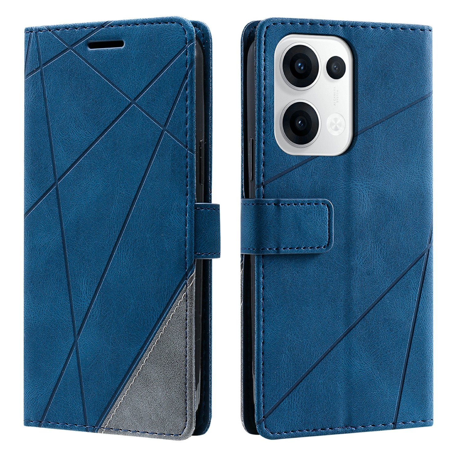For Oppo Reno13 5G (Global) Case Imprinted Lines PU Leather Splicing Wallet Phone Cover - Blue