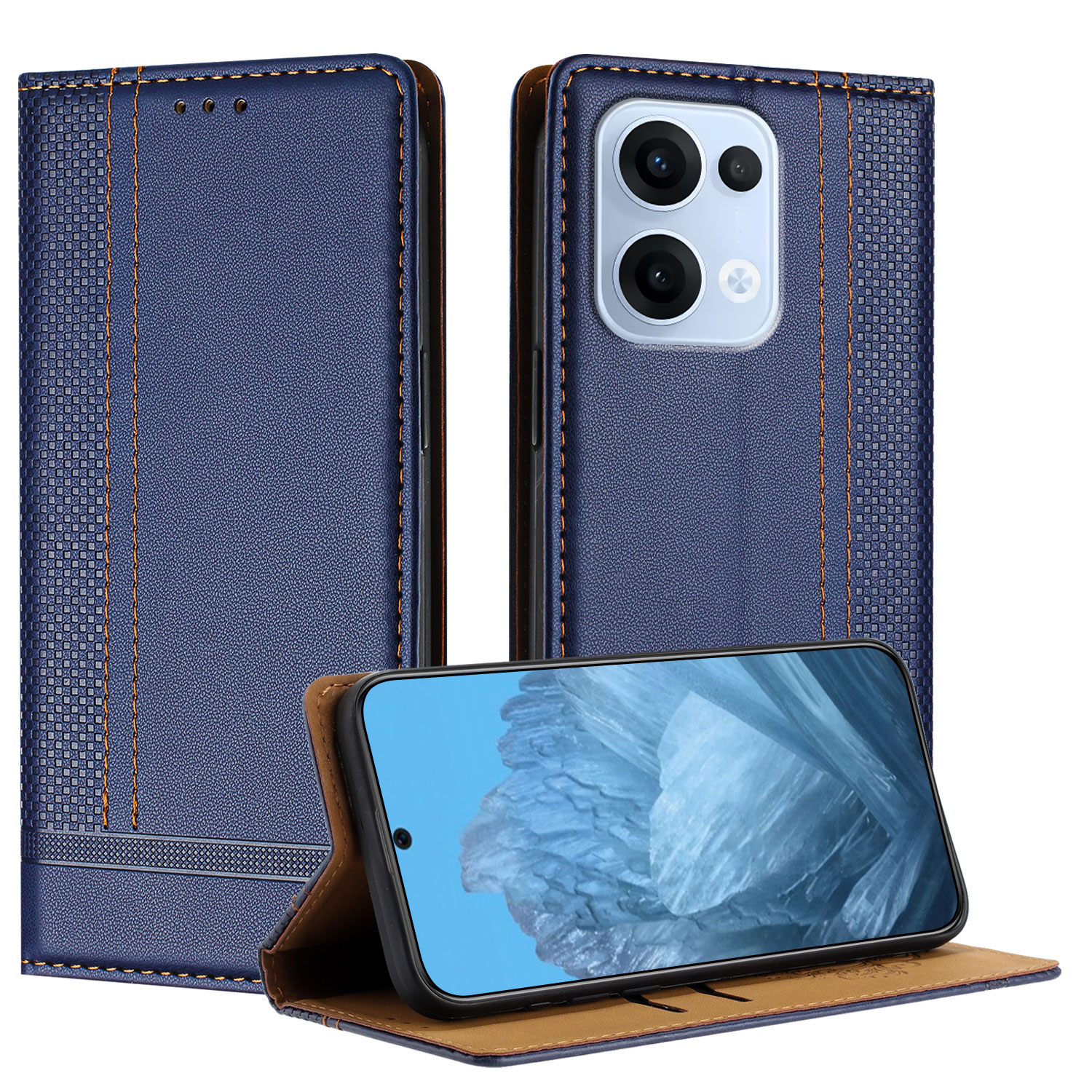 For Oppo Reno13 5G (Global) Case L-Shaped Grid Pattern Leather Stand Phone Cover with Card Slots - Blue