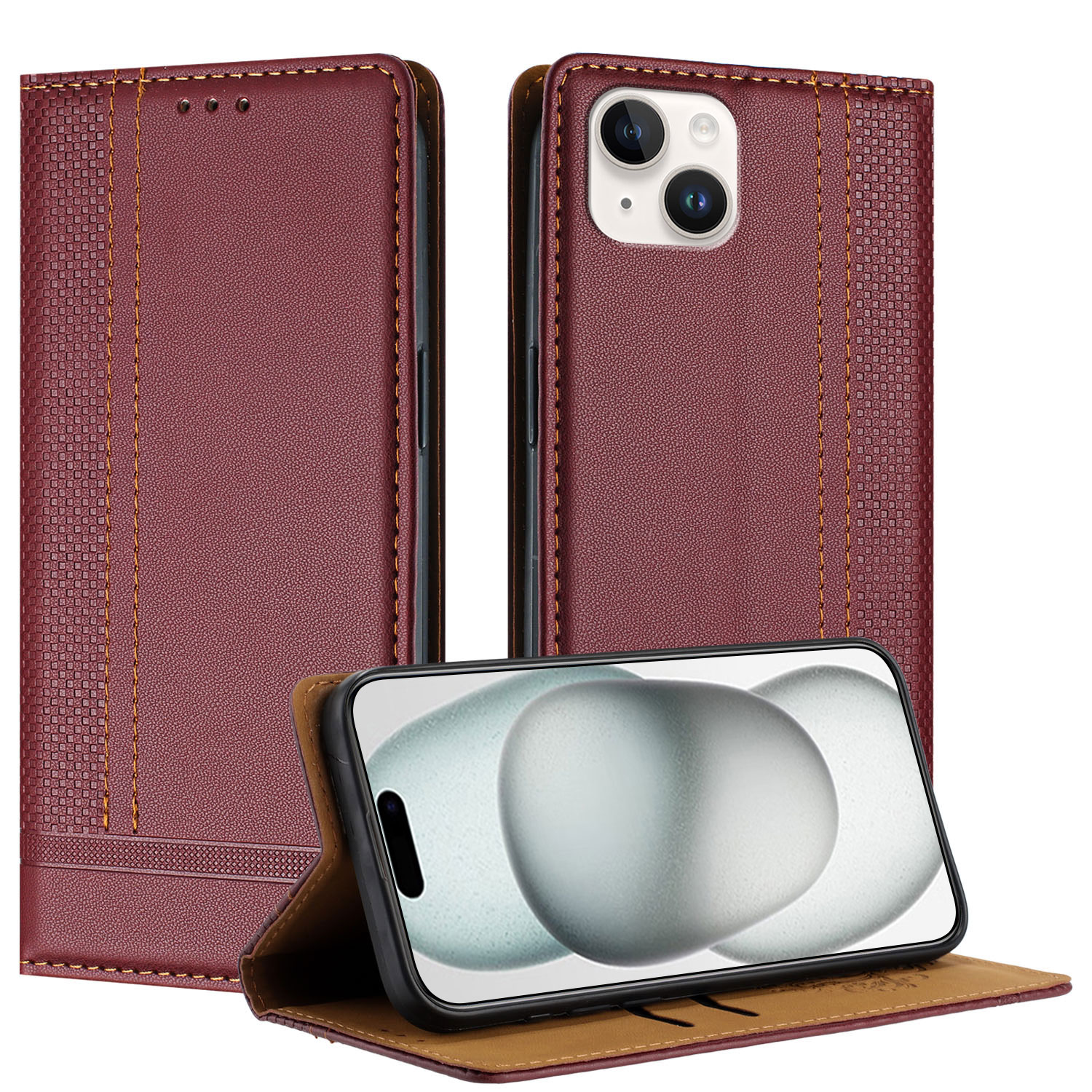 For iPhone 15 Plus Case L-Shaped Grid Pattern Leather Stand Phone Cover with Card Slots - Wine Red