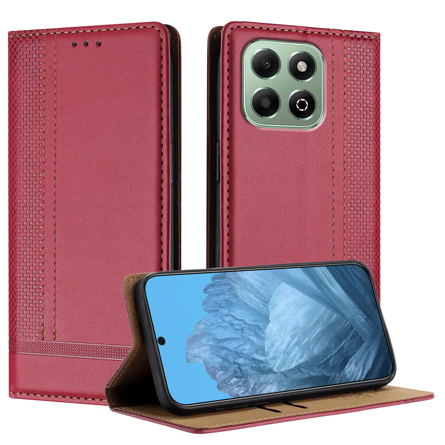 For Honor X6b 4G Case L-Shaped Grid Pattern Leather Stand Phone Cover with Card Slots - Red