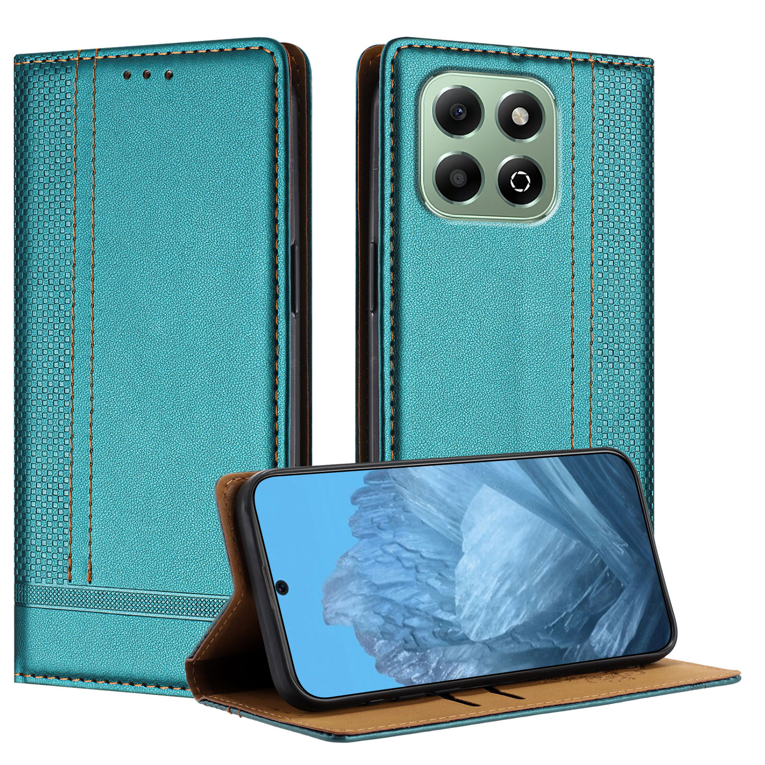 For Honor X6b 4G Case L-Shaped Grid Pattern Leather Stand Phone Cover with Card Slots - Green