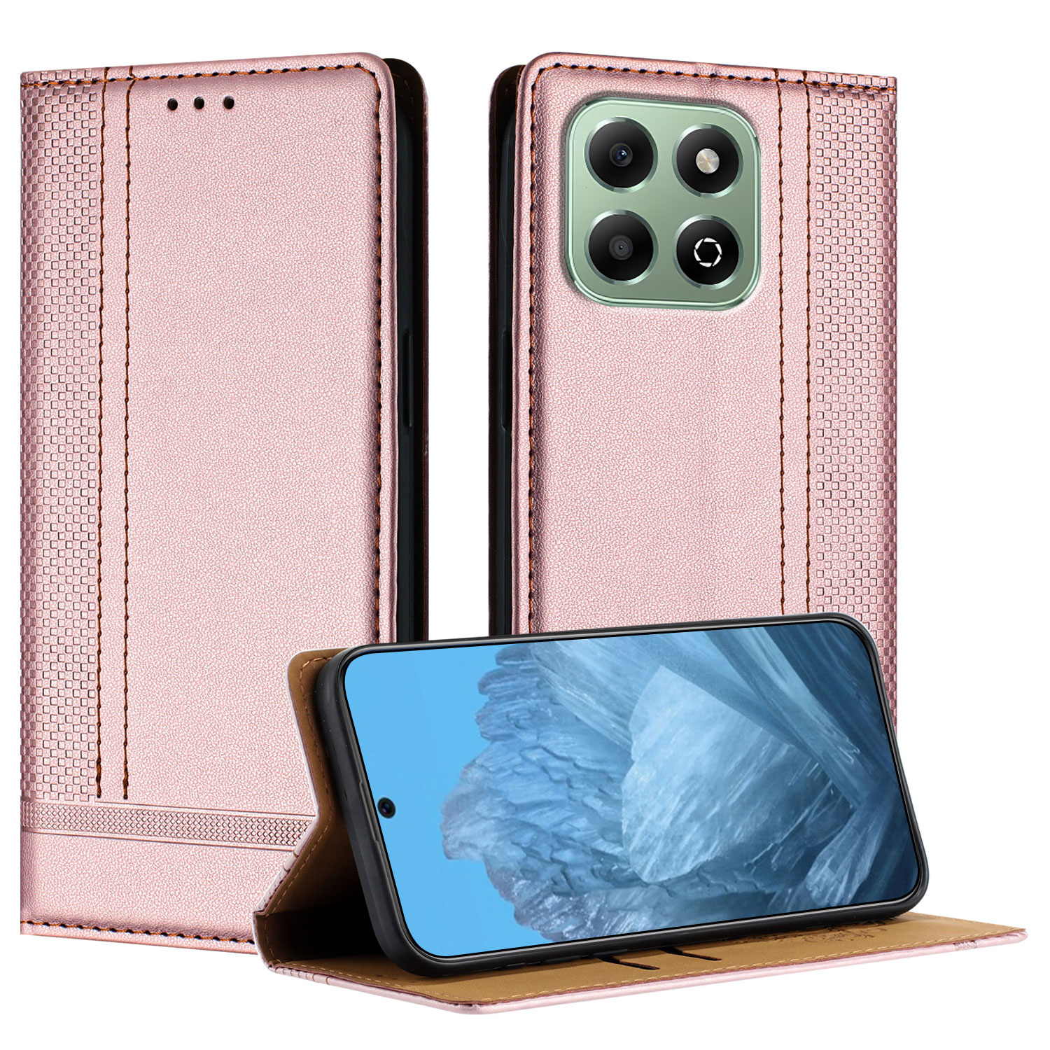 For Honor X6b 4G Case L-Shaped Grid Pattern Leather Stand Phone Cover with Card Slots - Rose Gold