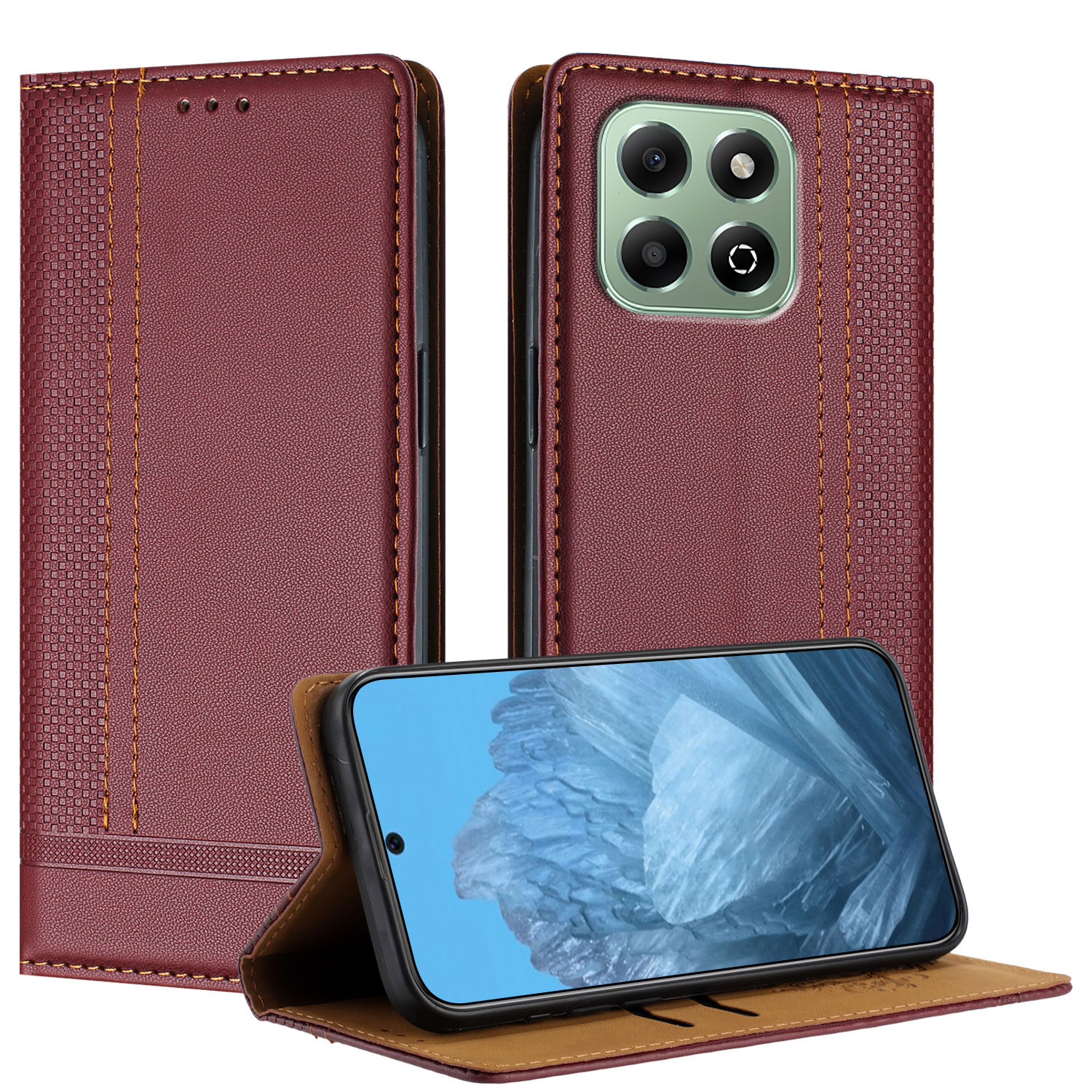 For Honor X6b 4G Case L-Shaped Grid Pattern Leather Stand Phone Cover with Card Slots - Wine Red